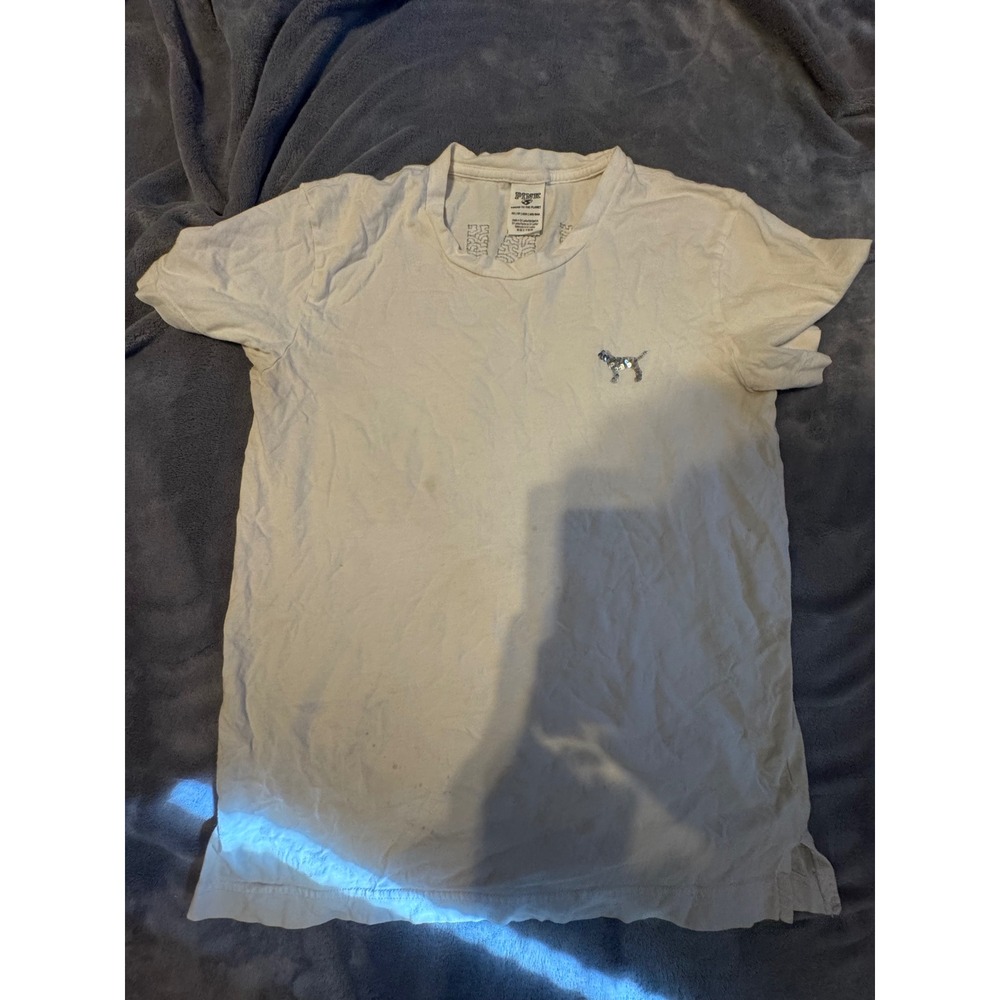 Victoria's Secret PINK White Sequin Dog Logo T-Shirt Women XS Short Sleeve